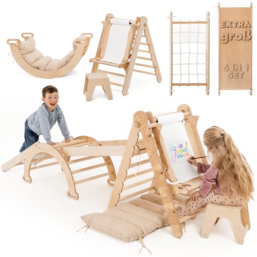 Extra Groß 6-in-1 Indoor Klettergerüst für Kleinkinder - Dreiecksleiter, Bogen & Kletterrampe & Netz & Kissen, Kunstzusatz, Montessori Klettergerüst, Kinder Holzspielplatz für Kids von 1-5 Jahren Extra Groß 6-in-1 Indoor Klettergerüst für Kleinkinder - Dreiecksleiter, Bogen & Kletterrampe & Netz & Kissen, Kunstzusatz, Montessori Klettergerüst, Kinder Holzspielplatz für Kids von 1-5 Jahren von Goodevas