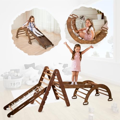 Goodevas 4-in-1 Montessori Klettergerüst Set: Indoor Kletterdreieck, Kletterbogen, Kletternetz und Rutsche für Kinder, Indoor Spielplatz 1-5 Jahre (XL-Größe) von Goodevas