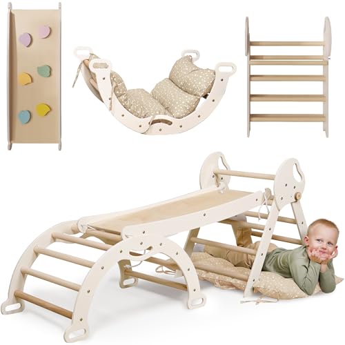 Goodevas 5-in-1 Montessori Klettergerüst Set: Indoor Kletterdreieck, Kletterbogen mit Kissen, und Rutsche für Kinder, Indoor Spielplatz 1-3 Jahre von Goodevas