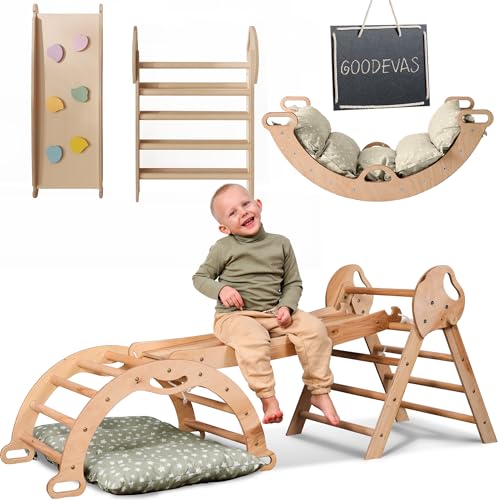 Goodevas 5-in-1 Montessori Klettergerüst Set: Indoor Kletterdreieck, Kletterbogen mit Kissen, und Rutsche für Kinder, Indoor Spielplatz 1-3 Jahre von Goodevas