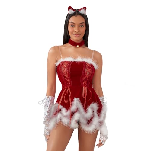 Goodfugui Weihnachtskostüm, Samt, Hasenkleid für Damen, Kostümparty, Cosplay-Zubehör-Set (rot, Einheitsgröße) von Goodfugui