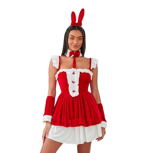 Goodfugui Weihnachtskostüm, Samt, Hasenkleid für Damen, Verkleidung/Motto-Kostüm, Party/Cosplay-Zubehör-Set (A-Red 5, Einheitsgröße) von Goodfugui