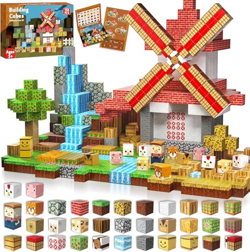 Goody King Magnetische Bausteine 150 Stück Magnetic Blocks mit Windmühle Tiere-Figuren für Rollenspiele Montessori Spielzeug ab 3 4 5 6 7 Jahre Ostern Geschenke für Kinder STEM sensorisches Spielzeug von Goody King