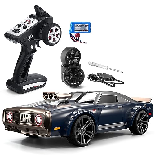 Ferngesteuertes Auto Drift RC Car 35KM/H Muscle Car 1/16 RTR 2,4G 4WD Hohe Geschwindigkeit Coole Angel-Eye-LED-Lichter, Austauschbare Reifen Wiederaufladbar Geschenk für Kinder Erwachsene Blau 1 Akku von Goolsky