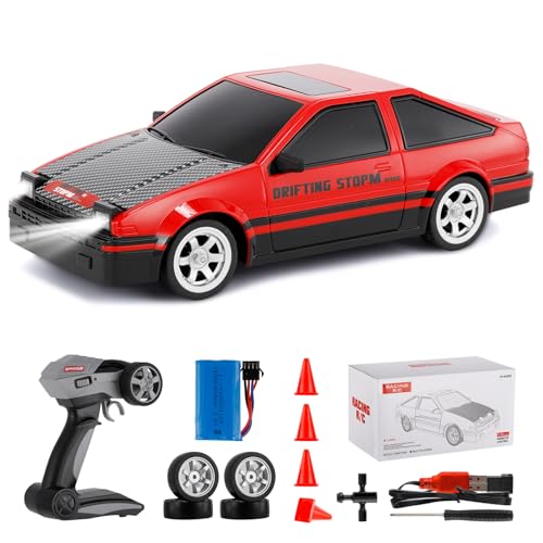 Ferngesteuertes Drift Auto 30 km/h 1/16 4WD 2.4G Hohe Geschwindigkeit Rennauto 2 Modalità mit Pneumatico Drift & Racing, 4 Barrikaden USB Luci LED Geschenk für Kinder Erwachsene Rot 1 Batterie von Goolsky