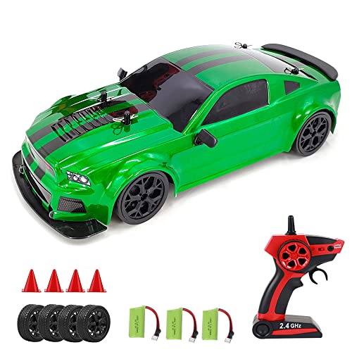 Goolsky Ferngesteuertes Auto, RC Drift Auto 20 km/h 1/14 2,4 GHz 4WD Driftauto Kalte Beleuchtung, Drift- und Rennreifen, 4 Barrikaden, USB-Rennwagen Geschenk für Kind Erwachsene Grün 3 Batterien von Goolsky