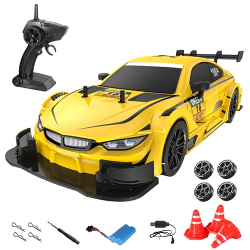 Goolsky Ferngesteuertes Auto 40KM/H RC Drift Car 1/16 4WD 2,4GHz Stufenlos Variable Geschwindigkeit RC Auto Scheinwerfer Austauschbare Drift- und Rennreifen Kindergeschenk für Kinder Erwachsene Gelb von Goolsky