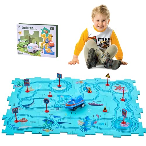 Autorennbahn DIY-Puzzlebahn für Kinderspielzeug,Goomp Puzzle Piste Auto Fahrspuren Spiele DIY Puzzle Autorennbahn mit Fahrzeugen Lernspielzeug Montessori für Kinder im Alter von 3 4 5 6 7 8 Jahren von Goomp