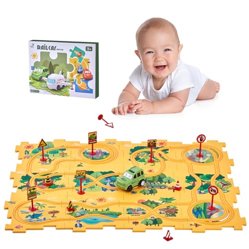 Autorennbahn DIY-Puzzlebahn für Kinderspielzeug,Goomp Puzzle Piste Auto Fahrspuren Spiele DIY Puzzle Autorennbahn mit Fahrzeugen Lernspielzeug Montessori für Kinder im Alter von 3 4 5 6 7 8 Jahren von Goomp