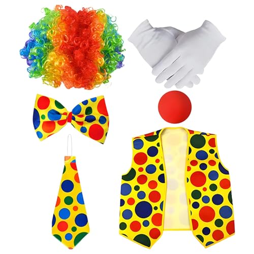 Goowafur Party-Clown-Kostüm, Clown-Kostüme für Damen | 6-teiliges Karnevalsclown-Kostüm für Kinder,Rollenspiel-Karnevalsclown-Kostüm mit bunter Perücke, roter Nase, 1 Paar weißen Handschuhen und Weste von Goowafur