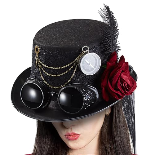 Goowafur Steampunk-Zylinder, Gothic-Punk-Hut, Gothic Steampunk Zylinder mit Schutzbrille, Steampunk-Zylinder mit Rosenblüten und abnehmbarer Schutzbrille als Kostümzubehör von Goowafur