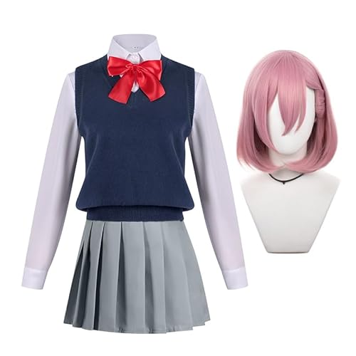 Gooyeh AmanoRirisa Cosplay Kostüm Schuluniform mit rosa Perücke für Frauen Anime AmanoRirisa Outfits Röcke Rock Socken Weste Halloween Karneval Party Dress Up Kostüm von Gooyeh