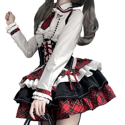 Gooyeh Halloween-Kleider für Frauen, Anime Cosplay Kostüme, Süße Spitze, Langärmeliges Kleid mit Revers und Schleife, Süßes Kleid, Cosplay Kleidung Partykleid Set von Gooyeh