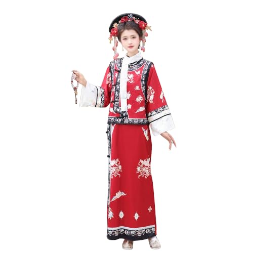 Gooyeh Traditionelles Chinesisches Hanfu, Qing-Dynastie-Kleid, Qipao, Hanfu-Kopfschmuck aus der Qing-Dynastie, Set Rot/Lila/Grün, Hanfu Cosplay Kostümanzug für Bühnenshow-Aufführungen Cosplay von Gooyeh