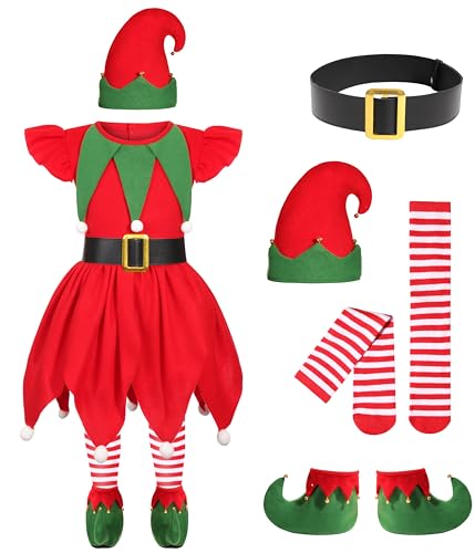 Gortykor Mädchen Elfenkostüm Weihnachtself Kleid Anzug für Mädchen Weihnachten Weihnachtsmann Helfer Kostüm (9-11 Jahre) von Gortykor