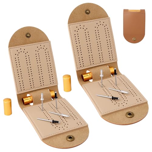 2 Cribbage-Brettspiel-Sets, Tragbares Faltbares Mini 2-Spur Cribbage-Brett aus PU für Unterwegs mit 8 Metallstiften und 2 Aufbewahrungsröhren Ideal für Familie und Freunde von Gosknor