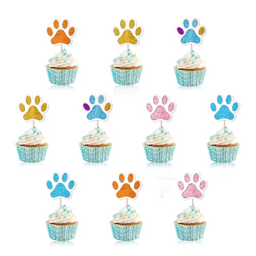 20stk Cupcake Toppers mit Hundepfoten, Glitzernde Cupcake Toppers mit Welpenpfoten Blaue Cupcake-Toppers mit Hundemotiv Geburtstagsparty Dekorationen mit Cartoon-Hund für Geburtstagspartys von Gosknor