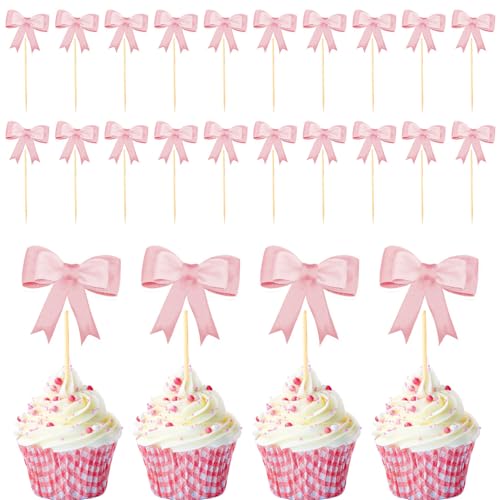 24stk Cupcake-Topper mit Rosa Schleife, Kuchentopper mit Schleife Süße Cupcake-Picker mit Fliege Foto-Requisiten für Kuchen mit Schleife für Rosa Themenparty-Dekorationen für Hochzeiten Geburtstage von Gosknor