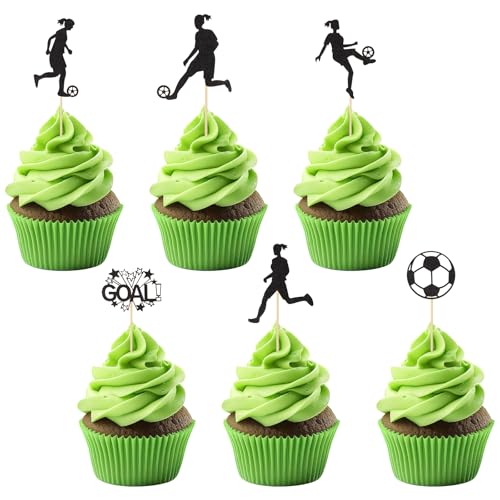 24stk Fußball Cupcake Topper, Schwarze Glitzer Cupcake Deko mit Fußball-Mädchen Fußball Kuchen Topper Kuchen Deko Sport für Fußballparty-Dekoration Babyparty-Kuchendekor von Gosknor