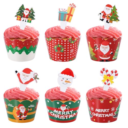 60stk Weihnachts-Cupcake-Topper & Förmchen, 5 Stile Süß Weihnachts-Cupcake-Picker und Förmchen Weihnachtsmann Baum Geschenk Kuchendekorationen für Weihnachtsfeier Backzubehör von Gosknor