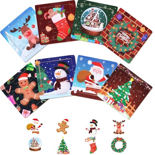 8 Teiliges Weihnachtspuzzle, Weihnachtspuzzle aus Holz Weihnachtspuzzle für Kinder Puzzle mit Weihnachtsthema Kleinkinder Puzzles für Kinder Weihnachtsspielzeug Kleine Weihnachtsstrumpf Füller von Gosknor