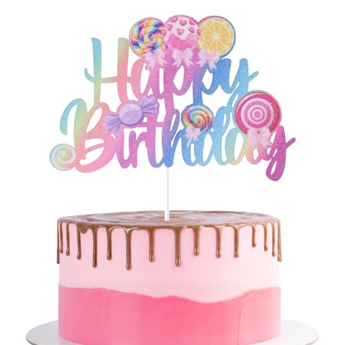 Happy Birthday Cake Topper, Candyland Birthday Cake Topper Bunte Glitzer-Kuchendekoration Süßer Lollipop-Kuchenaufsatz für Mädchen Kinder Familie Freunde von Gosknor