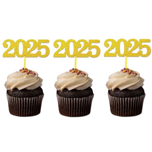 2025 Cupcake Toppers, 24 Pack Glitter 2025 Food Cake Picks Dekoration für Neujahr Geburtstag Hochzeit Graduierung Party Dessert Dekoration (Gold) von GotGala