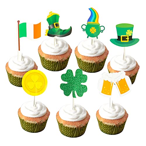 GotGala 12 Stück St. Patrick's Day Cupcake-Topper-Set, grünes Glitzer, vierblättriges Kleeblatt, Bier, Münzen, Schuhe, irische Flagge, Kuchendekoration für St. Patrick's Day Party Dekorationen von GotGala