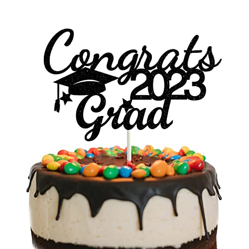 GotGala Congrats Grad 2023 Cake Topper Schwarz und Gold Glitzer Abschluss Kuchen Topper Abschlusskappe Kuchen Picks für 2023 Abschlussfeier Party Dekorationen von GotGala