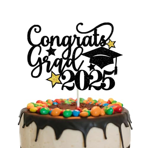 GotGala Congrats Grad 2023 Cake Topper Schwarz und Gold Glitzer Abschluss Kuchen Topper Abschlusskappe Stern Kuchen Picks für 2023 Abschlussfeier Party Dekorationen von GotGala