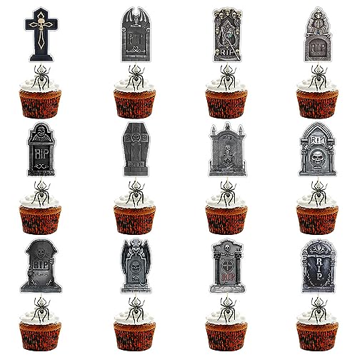 Halloween-Grabstein-Cupcake-Topper, schreckliche Grabsteine, Friedhofskuchenspieße, gruselige Cupcake-Dekoration für Halloween-Motto-Party-Zubehör, 24 Stück von GotGala