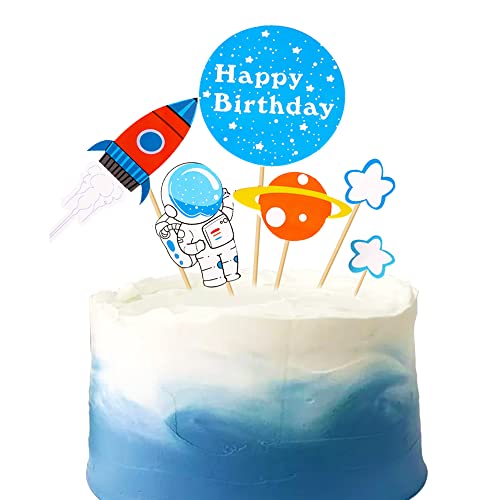 Platz alles Gute zum Geburtstag Kuchen Topper Raketenschiff Planet Cupcake Topper Galaxy Astronaut an den Mondmann Roboterkuchen Dekoration für den Weltraum Babyparty 1. 2. Geburtstagsfeier Vorräte von GotGala