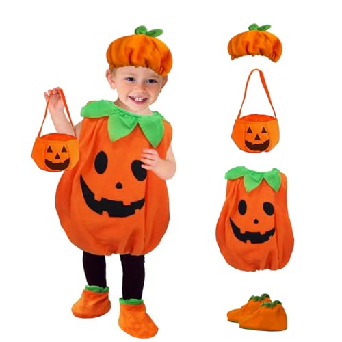 GothicBride Kürbis Kostüme Halloween 4 teiliges für Kinder Kürbis Cosplay mit Kürbis Top | Hüte | Süßigkeitentasche | Schuhe für Karneval Party Kleidung Weihnachtsgeschenke (S) von GothicBride