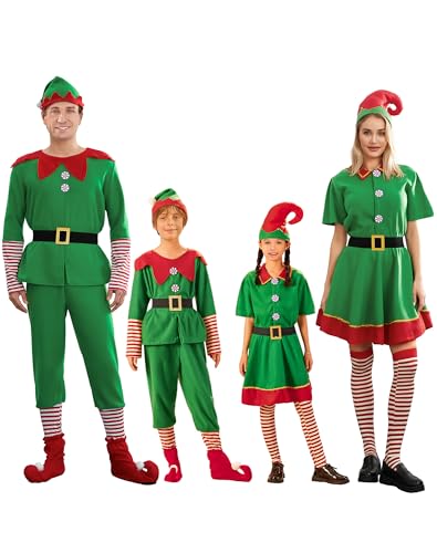 Familienkostüm-Set, Oberteil + Hose + Mütze, Weihnachtsmann-Elfen-Outfit für Mädchen, Jungen, Vater, Mutter (Damen, L, Grün) von Goudyna