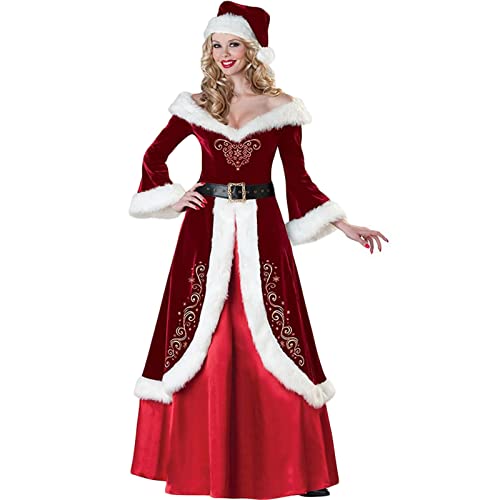 Goudyna Deluxe-Weihnachtskostüm für Erwachsene, Samt, für Damen und Herren, Weihnachtsmann-Outfit für Weihnachten, Party, Cosplay (Damen, Größe L, A-Rot) von Goudyna