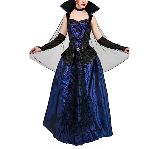 Goudyna Erwachsenenkostüm für Herren und Damen, Teufel-Vampir-Kostüm, Hemd, Umhang, Outfit, Mittelalterliche Renaissance, viktorianisch, Gothic, Halloween, Cosplay, langer Umhang (blaue Vampirkönigin, von Goudyna