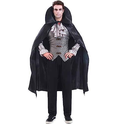 Goudyna Erwachsenenkostüm für Herren und Damen, Teufel-Vampir-Kostüm, Hemd, Umhang, Outfit, Mittelalterliche Renaissance, viktorianisch, Gothic, Halloween, Cosplay, langer Umhang (silberfarbener von Goudyna