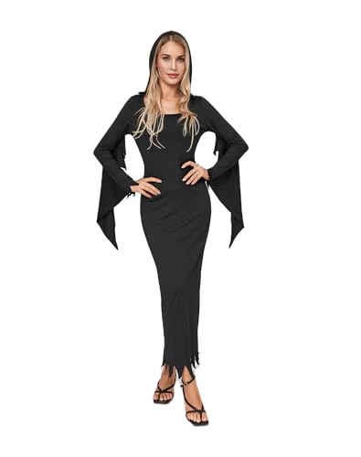 Goudyna Halloween Hexenkostüm für Damen Kapuzenkleid Gothic Hexenkostüm Kleid Hexenkleid Cosplay Kostüm (Schwarz, L) von Goudyna