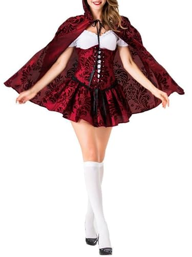 Goudyna Halloween-Kapuzenkostüm für Damen, Weihnachten, Halloween-Partykleid mit Umhang, Gothic-Kleid, Kostüm, Erwachsenenspiel, Rot, Größe M von Goudyna