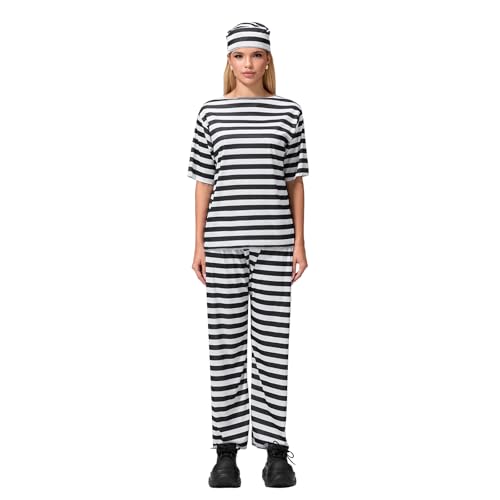 Goudyna Halloween-Kostüm für Damen, Sträflingskostüm, für Erwachsene, Sträflings-Outfit, schwarz-weiß gestreift, Oberteil, Hose, Mütze, Set (mehrfarbig, Einheitsgröße) von Goudyna