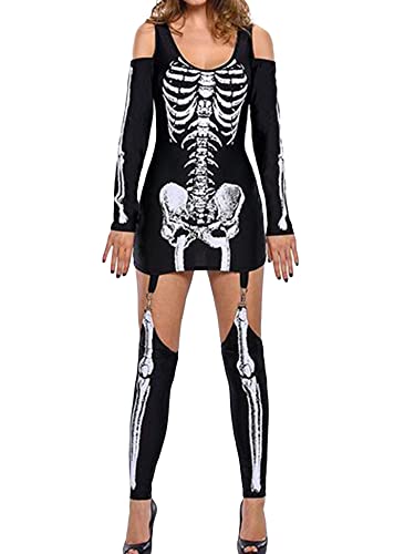 Goudyna Halloween-Skelett-Kostüm für Damen, langärmelig, U-Ausschnitt, Skelett, bedrucktes Kleid mit Strümpfen für Halloween-Partys (Schwarz, M) von Goudyna