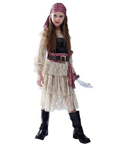 Goudyna Piraten-Umhang-Kostüm, Piraten-Cosplay, Rollenspiel-Set, Dekoration, Zubehör, Halloween, Party-Geschenk für Kinder von 4–12 Jahren, Weiß, Größe L, 4 Stück von Goudyna