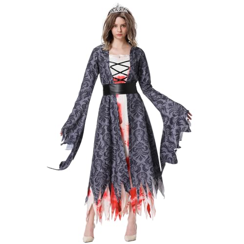 Goudyna Zombie-Geisterbraut-Kostüm für Damen, Cosplay, Verkleidung mit Gürtel und Krone, blutiger Anzug für Halloween-Party (Schwarz, XL) von Goudyna