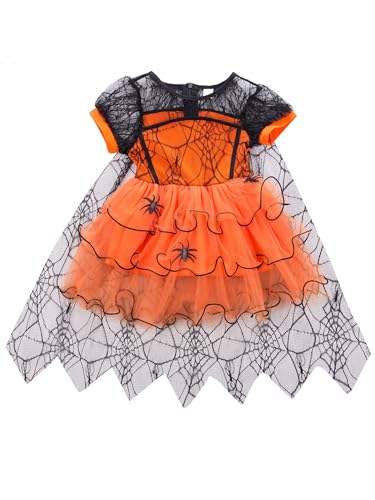 Halloween-Kostüme für kleine Kleinkinder, Baby, Mädchen, Spinne, kurzärmelig, Halloween-Kleid, Spitzen-Tütü, Tüllkleid, Hexenparty-Outfit (Orange, 12-18 Monate) von Goudyna