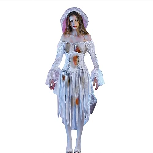 Zombie-Geisterbraut-Kostüm für Damen, blutiges, schulterfreies Langarm-Kleid + Stirnband, Schleier, Umhang, blutiger Anzug für Halloween-Party (Weiß, L) von Goudyna