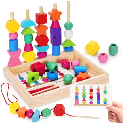 Goujfol Juguetes Niños Madera, 2 en 1 Montessori Juegos Apilables Apilar y Enhebrar de Madera, Educativos GeoméTricas Colores Clasificar Bloques, Regalo para Bebés Niños 3 4 Años (Grün) von Goujfol