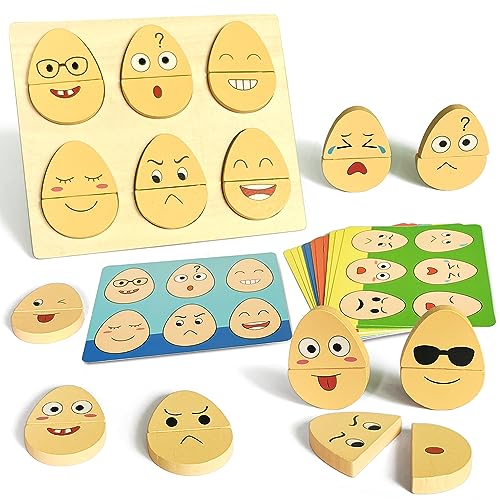 Goujfol Holzpuzzle Emoji, Montessori Spielzeug Kinder Sensorik Spiele, Holz Steckpuzzle IQ Puzzle Ausdruck Interaktion Spiel, Face Change Cube Weihnachten Geschenk für Junge Mädchen 2+ von Goujfol