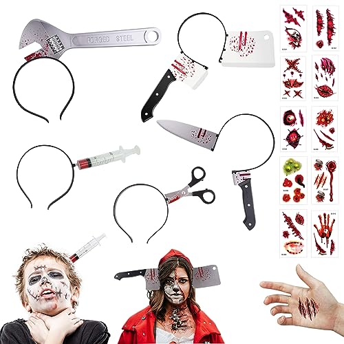 halloween messer im kopf, halloween Accessoires Blutige Plastik Messer KüChenmesser Schere Spritze mit Scars Tattoo, Gruselige Horror Haarreif Dekorieren für Gruselkostüm Zombie von Goujfol