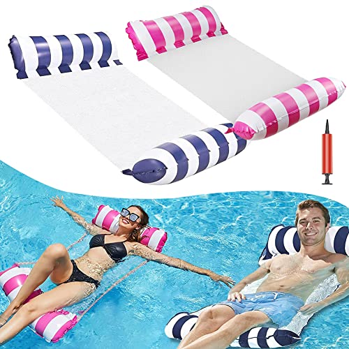 Govfrey Luftmatratze Pool, 2 Pack Aufblasbares Schwimmbett Zusammenklappbar Wasserhängematte Mit 1 Luftpumpe Poolbett Hängematte Für Erwachsene Und Kinder Strandparty (Rosa&Blau) von Govfrey