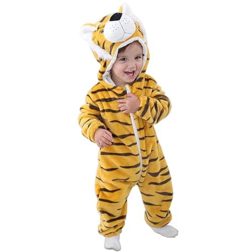 Govick Tiger Kostüm für Kleinkind, Plüsch Baby Tiger Strampler mit Kapuze und Schwanz für Jungen und Mädchen, Fasching Karneval Tiger Overall Schlafanzüge(Tiger, 100) von Govick